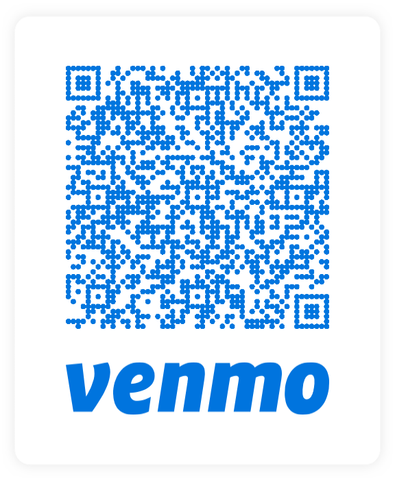 Blue Venmo QR code with Venmo logo underneath on a white background