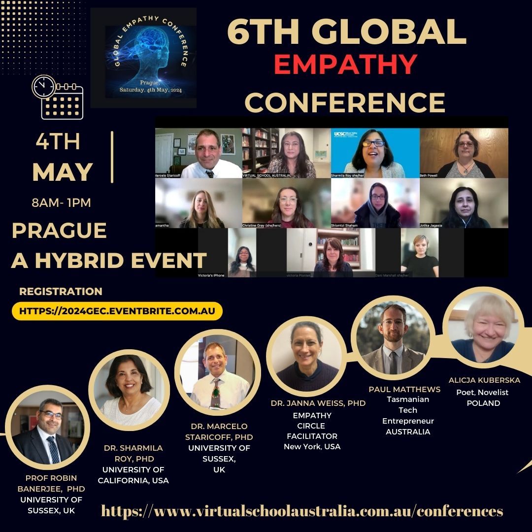 6th Global Empathy Conference poster, Prague hybrid event, May 4, with speaker photos and registration details