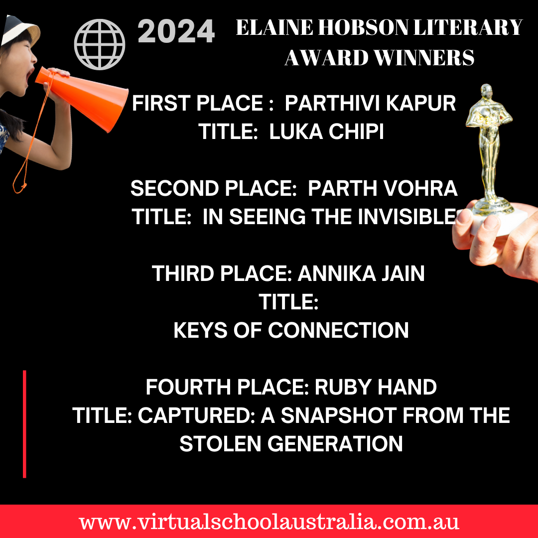 2024 Elaine Hobson Literary Award winners list on black and red poster with trophy image