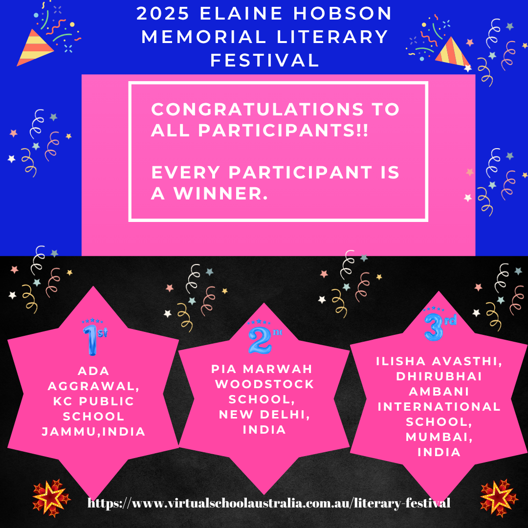 2025 Elainne Hobson Memorial Literary Festival poster with congratulatory message and three participant names