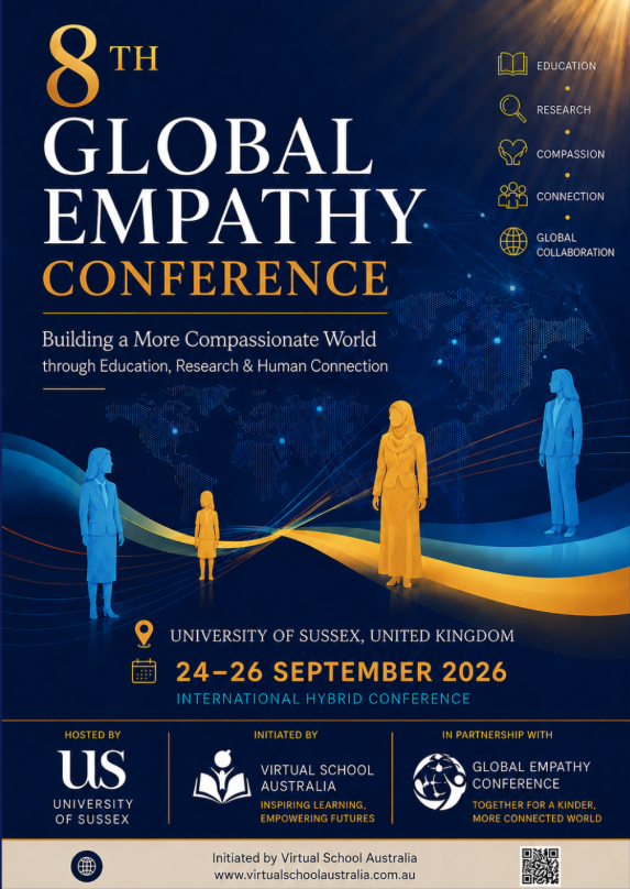 8th Global Empathy Conference poster on a blue background with golden figures and event details, Sep 24–26, 2026.