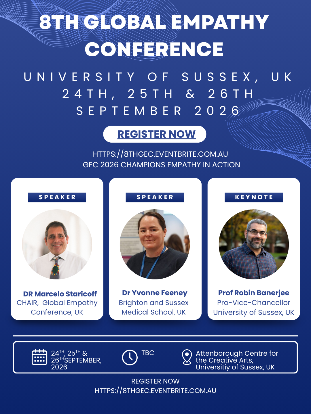 8th Global Empathy Conference poster with three speakers, blue theme, University of Sussex, Sept 2026, register now
