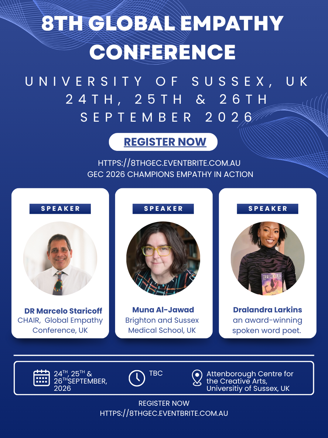8th Global Empathy Conference poster with speakers, Sussex venue, dates, and “Register Now” button