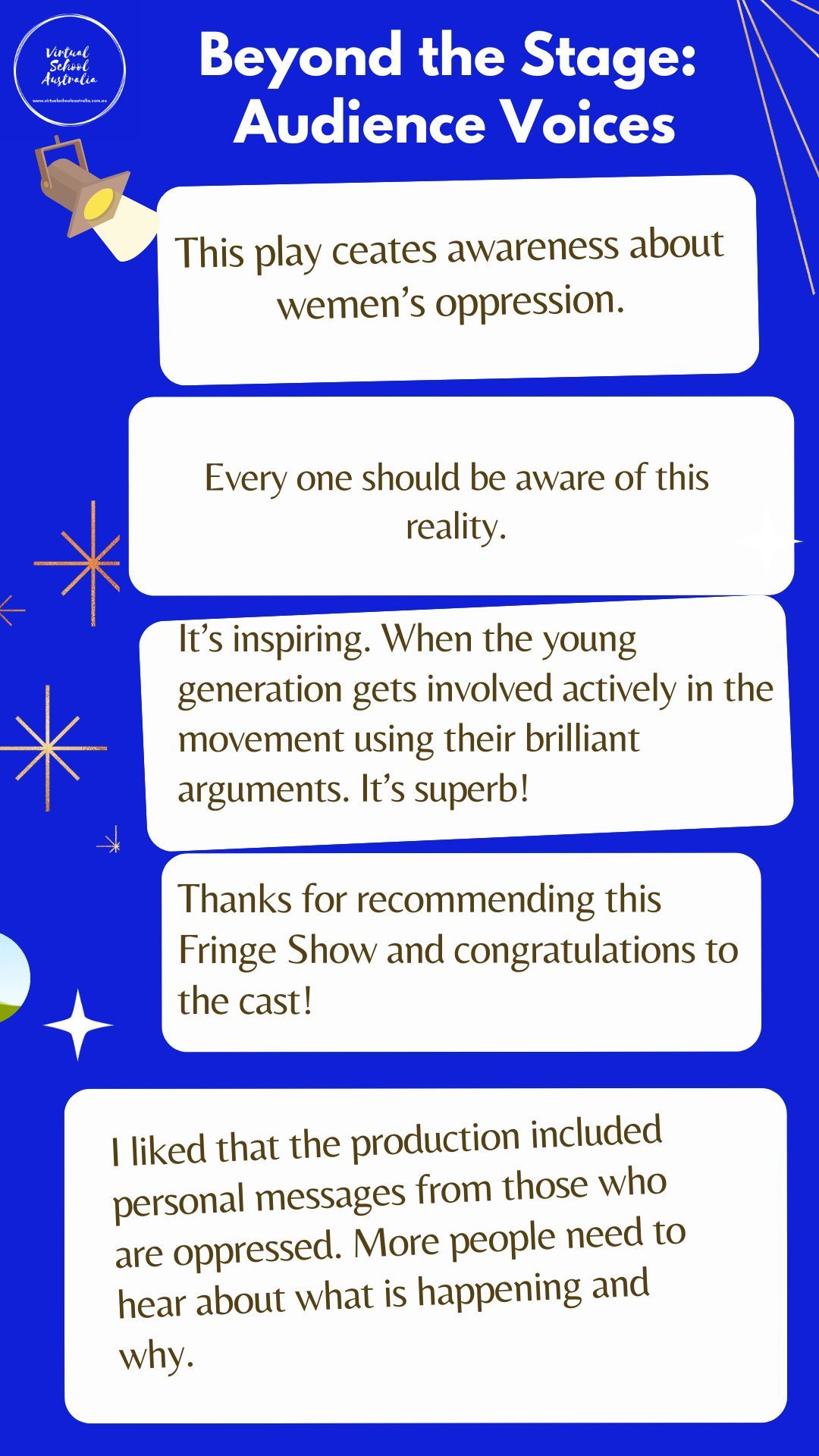 Blue poster titled “Beyond the Stage: Audience Voices” with speech bubbles praising a play and thanking the cast and crew