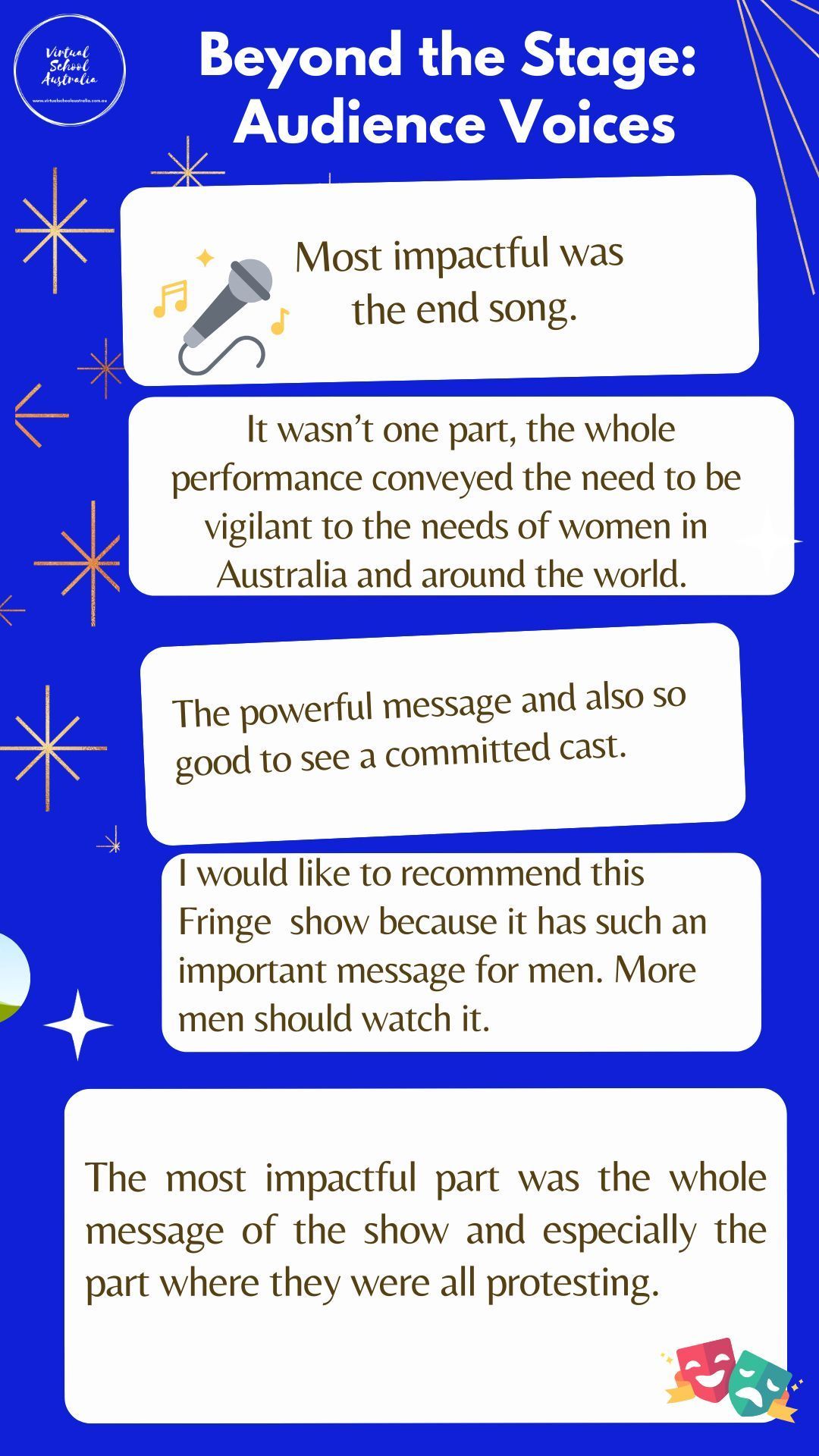 Blue poster titled “Beyond the Stage: Audience Voices” with multiple quotes in white text and a purple footer.