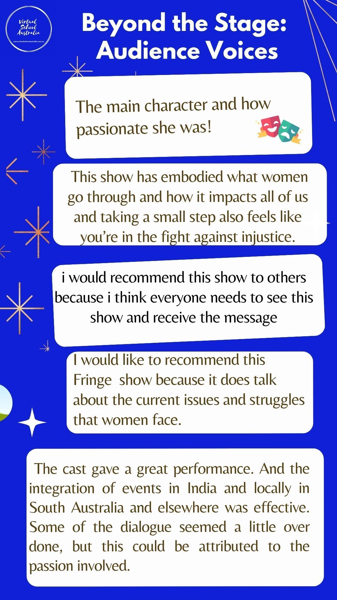 Blue poster titled “Beyond the Stage: Audience Voices” with white text boxes and a quote at the bottom.