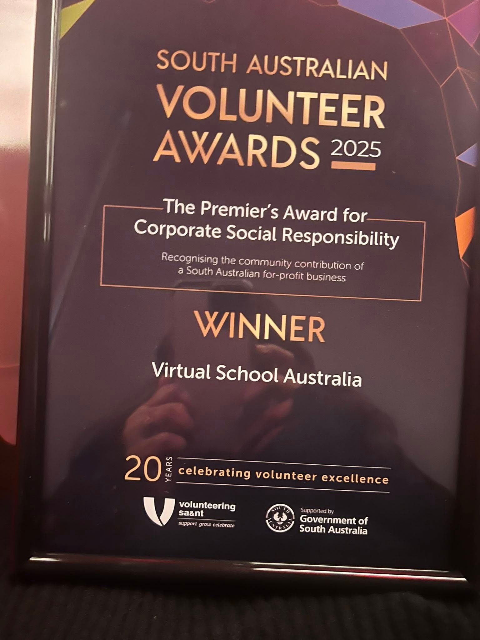 South Australian Volunteer Awards 2025 plaque honoring Virtual School Australia as winner