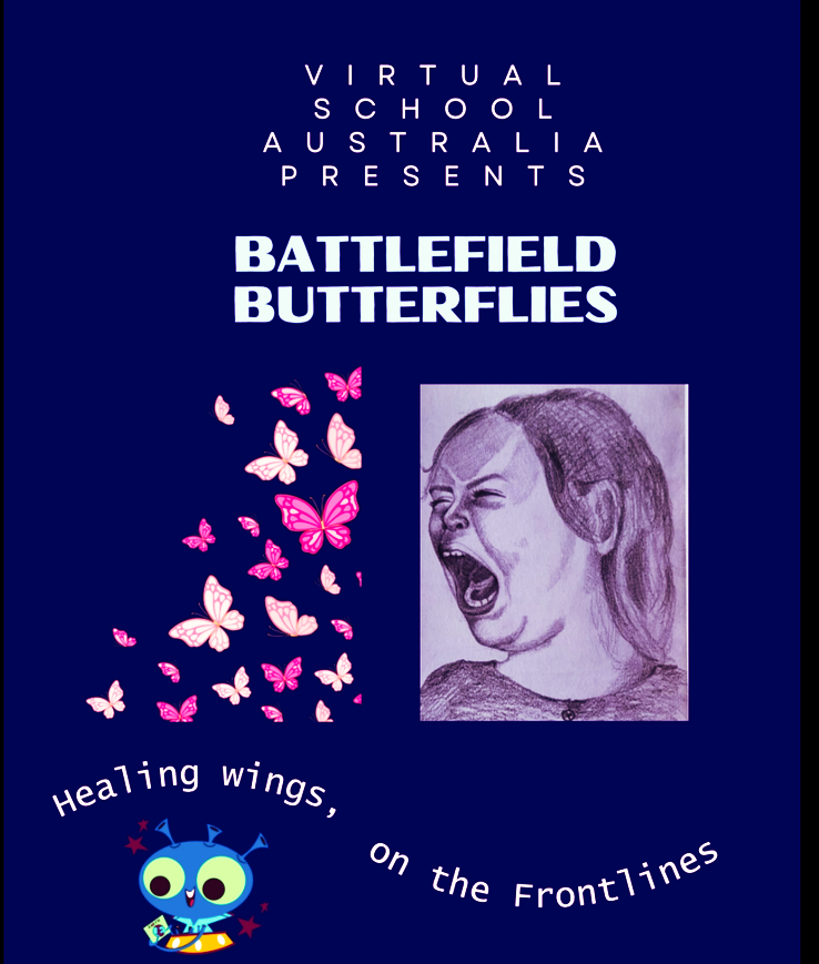 Battlefield Butterflies poster with pink butterflies, a shouting portrait, and “Healing wings, on the frontlines” text