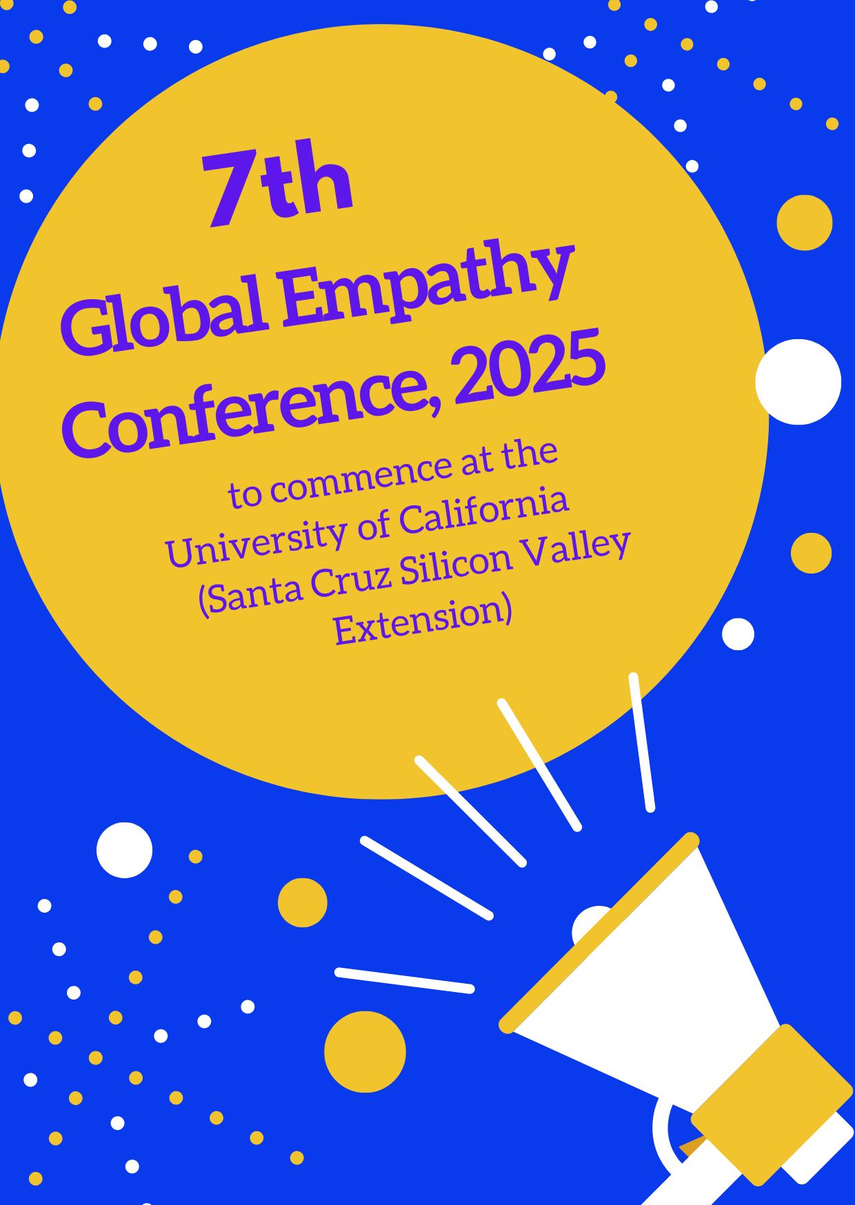 7th Global Empathy Conference, 2025 poster with yellow circle, stars, and megaphone on blue background