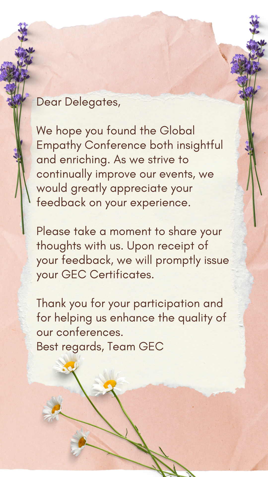 GCE conference thank-you note on pink paper with purple flowers and green leaves