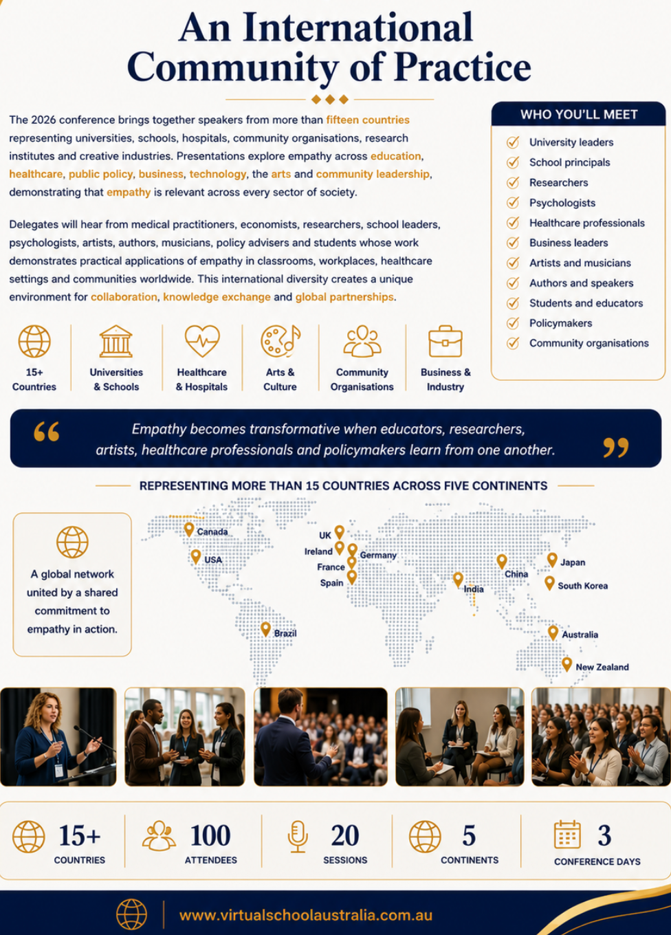 Purple-and-yellow conference poster announcing 2025 Global Empathy Conference dates in USA and Australia