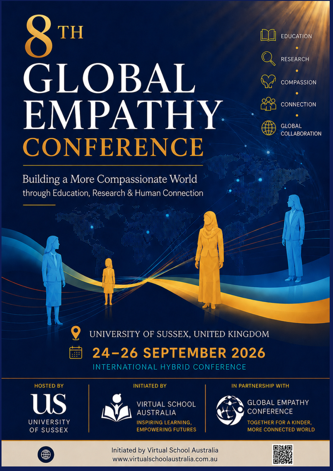 Purple-and-yellow conference poster announcing 2025 Global Empathy Conference dates in USA and Australia