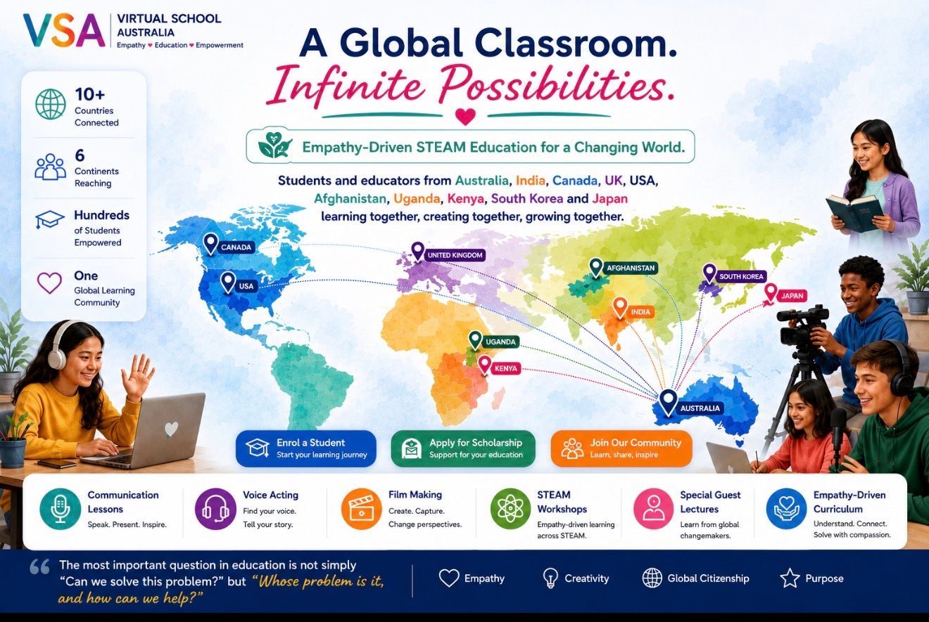 World map classroom ad with students, colorful lesson icons, and the text “A Global Classroom. Infinite Possibilities.”