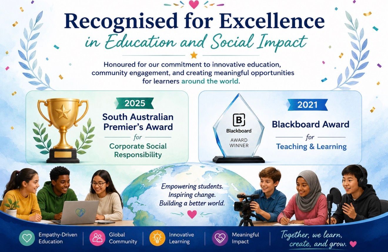 Award poster for education and social impact, with gold trophies and diverse students in a classroom.