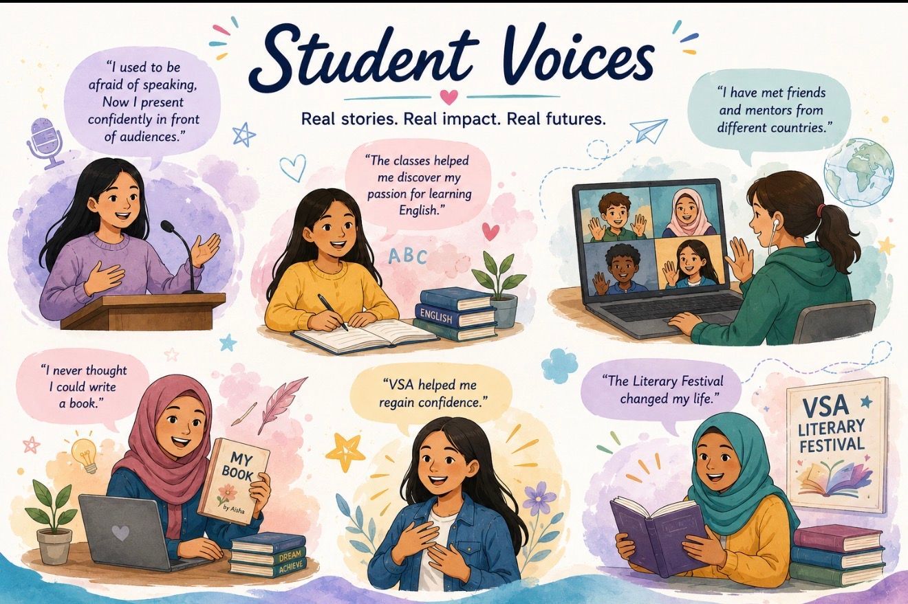 Student Voices collage of diverse students sharing thoughts through speech bubbles and video chat