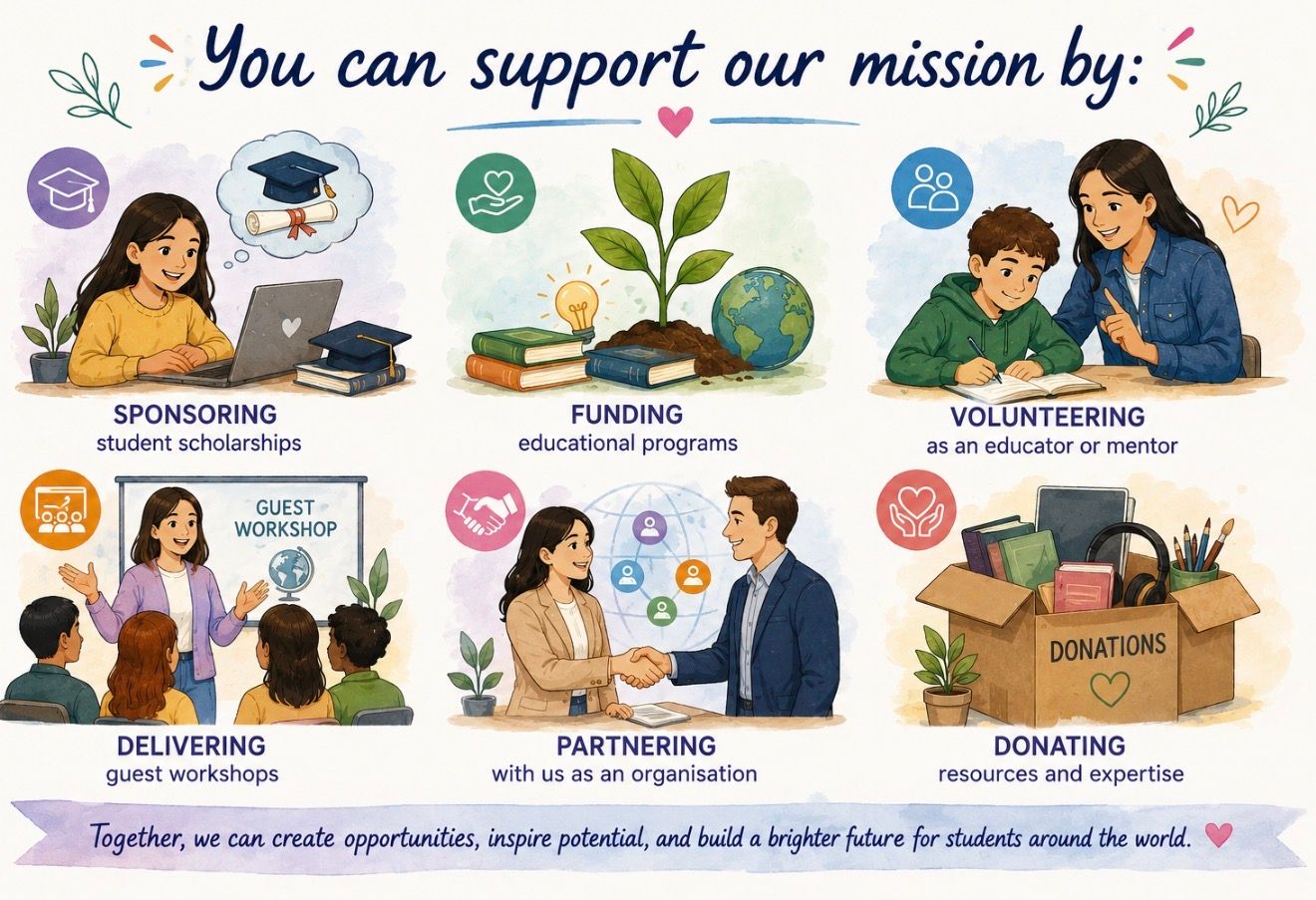 Ways to support a mission: sponsoring, funding, volunteering, delivering, partnering, and donating.