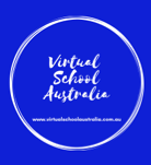 Blue circular logo for Virtual School Australia with white handwritten text and website URL.