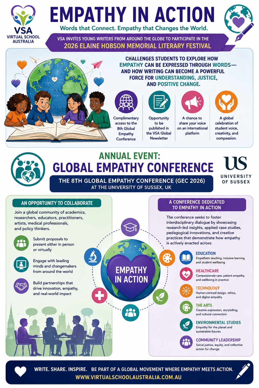 Poster for the Global Empathy Conference, with colorful icons, people illustrations, and event details on a white background
