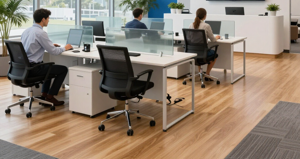 Modern office with three people working at white desks and black chairs on a wood floor.