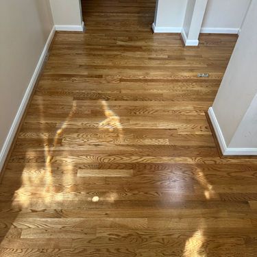 Hardwood floor with sun shining, tan walls, and white trim.