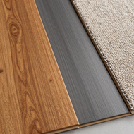 Wood flooring samples in wood grain, gray, and beige carpet textures arranged side by side