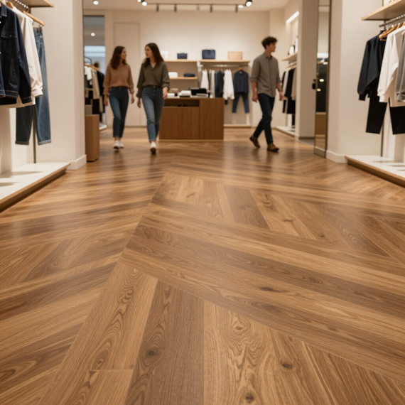 Clothing store interior with wooden chevron floor and shoppers browsing displays