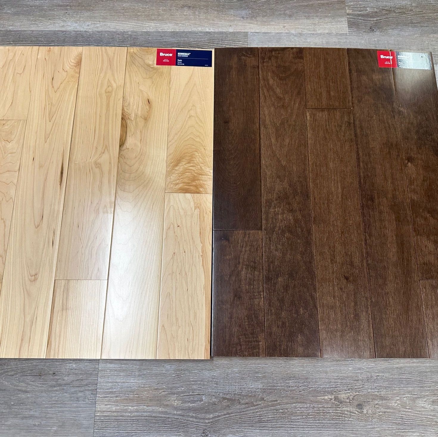 Two wood floor samples: light, natural wood and dark, stained wood.