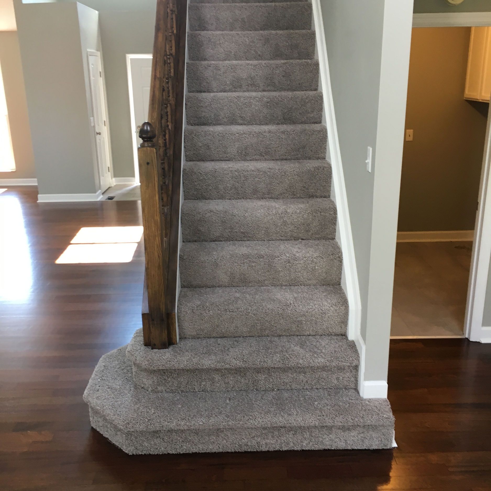 Carpeted staircase with dark wood banister and hardwood floor.