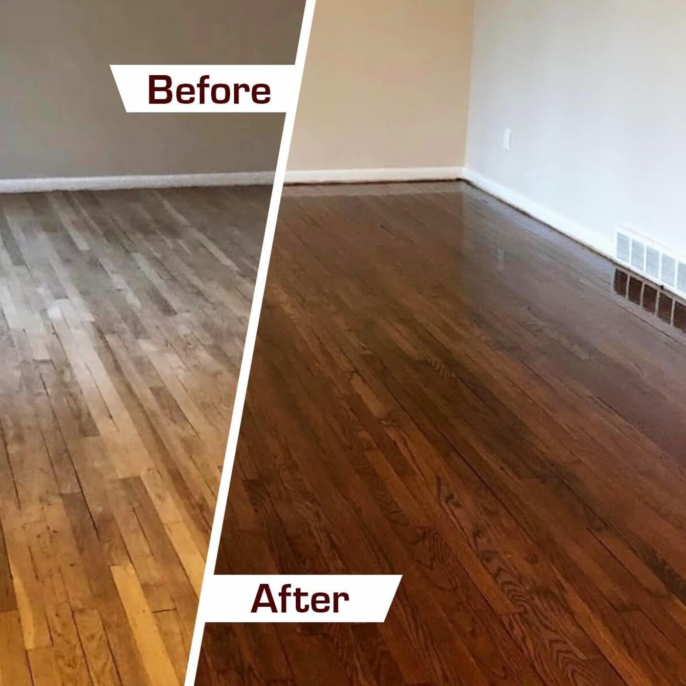 Comparison of a wood floor before and after refinishing: left side shows dull, light wood, right shows shiny, dark wood.