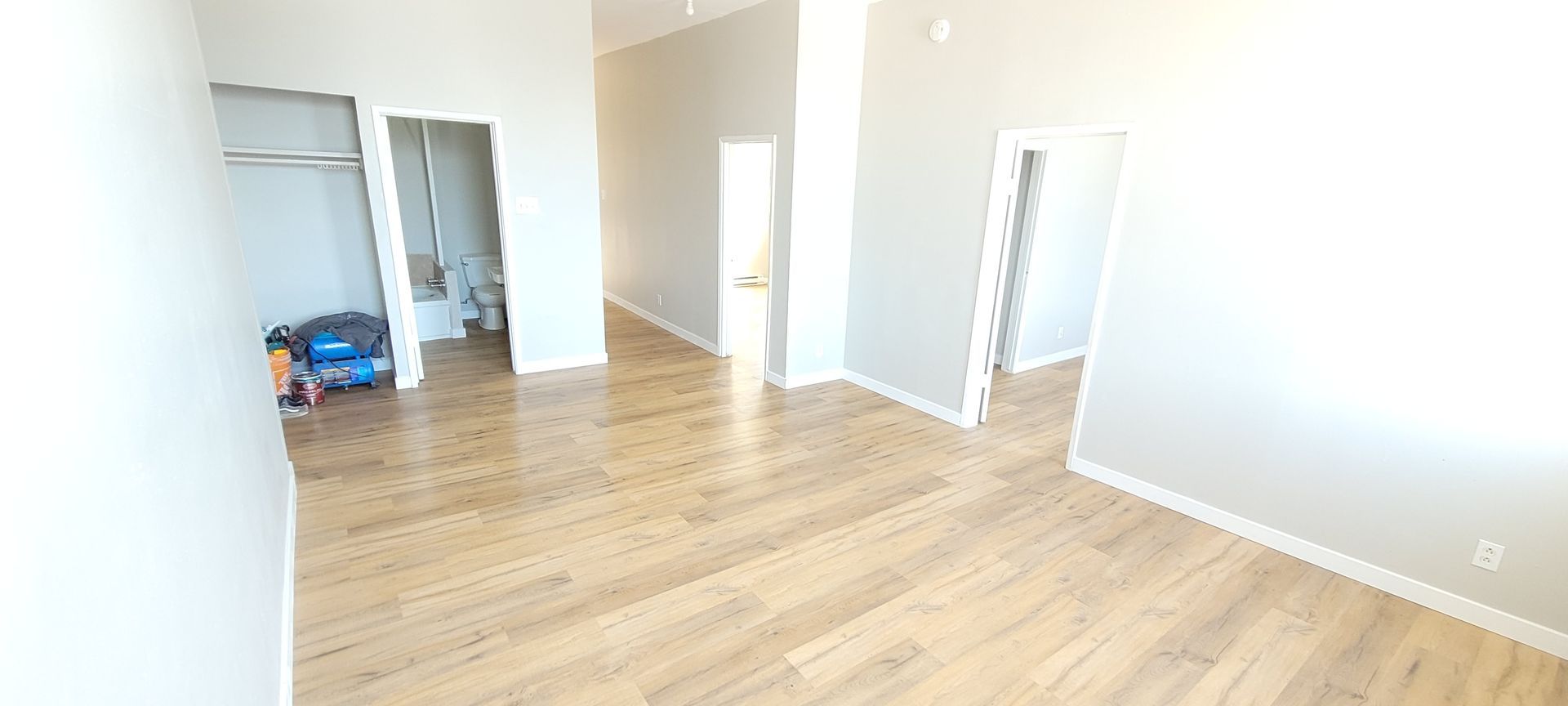Empty bright room with light wood floors, white walls, and open doorways.