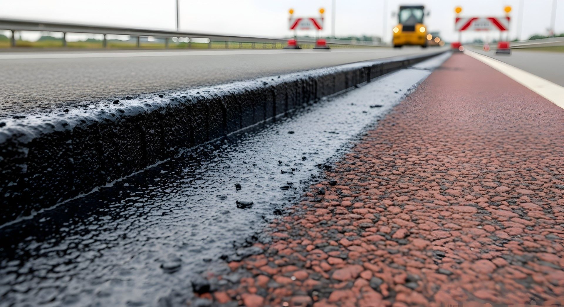 A close up of a road with a tractor in the background.