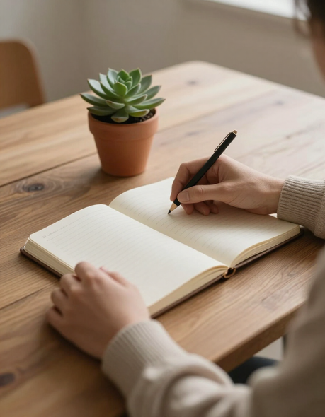 Hands resting thoughtfully on a notebook beside a small plant