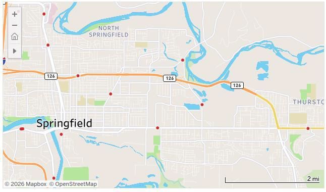Map of Springfield with rivers, roads, and nearby neighborhoods.