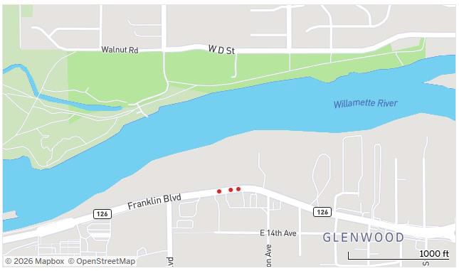 Map of the Willamette River by Glenwood with a highlighted roadway and green park area.