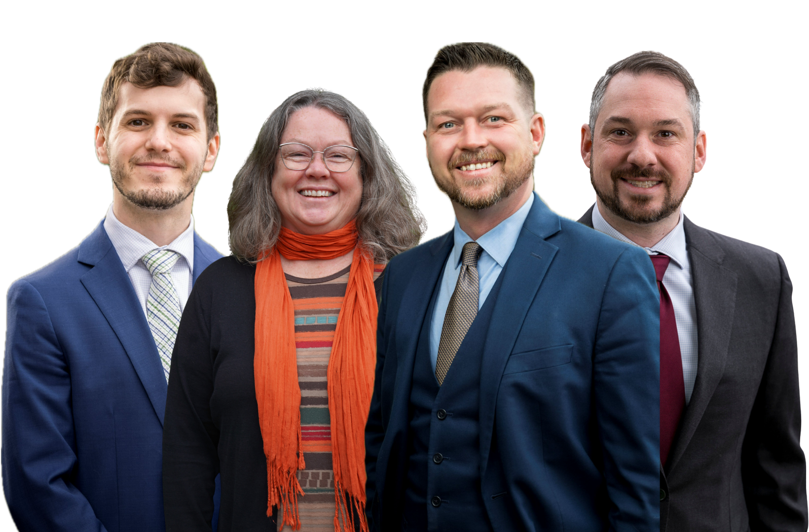 Hunking Law's four attorneys, from left to right, a man in a blue suit and white striped tie, a woman with glasses, colorful striped dress, black cardigan and orange scarf, man in blue suit and grey tie, and man with gray suit and red tie, all smiling over a navy background with a faint orange pattern.