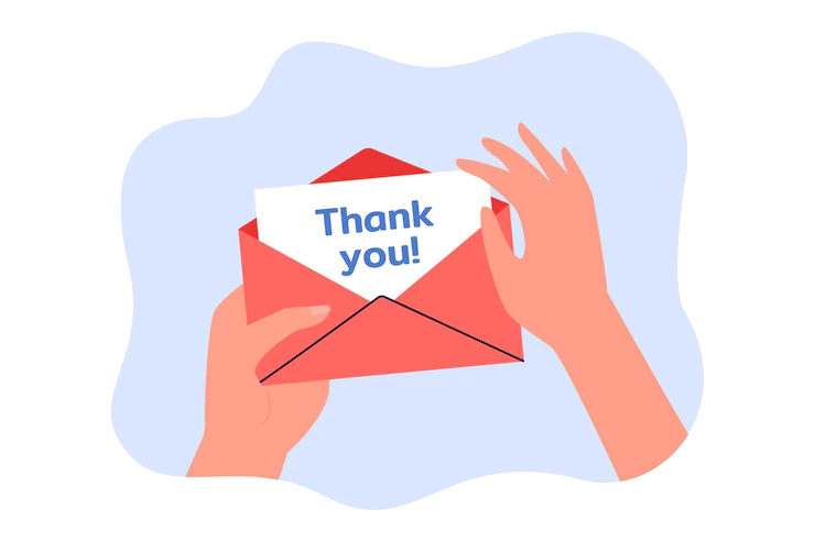 Hands holding an envelope with a “Thank you!” note on a light blue background