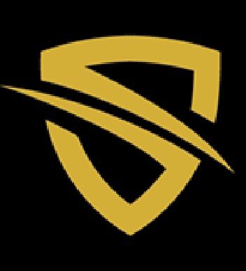 Goldenes Schildlogo mit stilisiertem „S“ und geschwungenen Linien vor schwarzem Hintergrund.