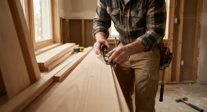 Woodworker planing a long wooden board in a workshop with stacked lumber nearby