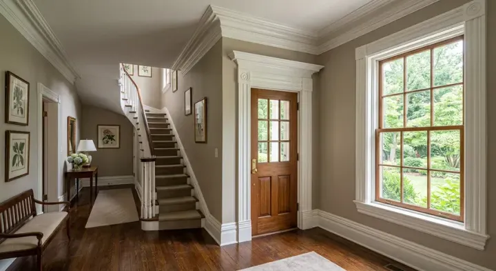 Bright foyer with wooden staircase, front door, and large window overlooking greenery