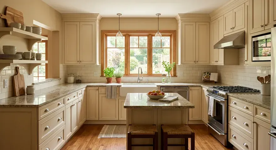 Bright beige kitchen with central island, wooden floor, and sunlit window above the sink