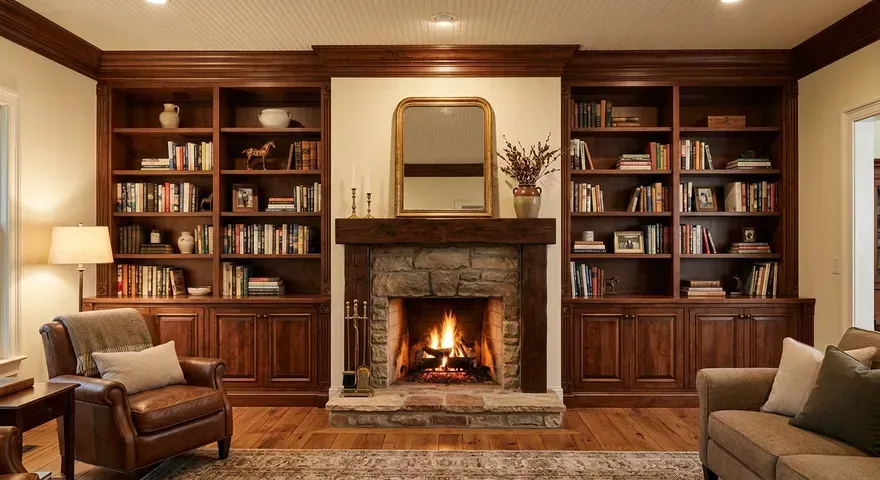 Cozy living room with a lit fireplace, built-in bookshelves, and warm wood paneling