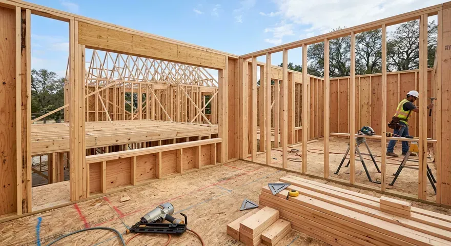 Wood-frame house under construction with workers and exposed framing inside and outside