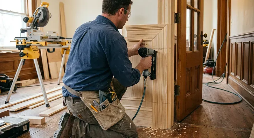Worker using a power tool to install trim on a doorway in a home interior