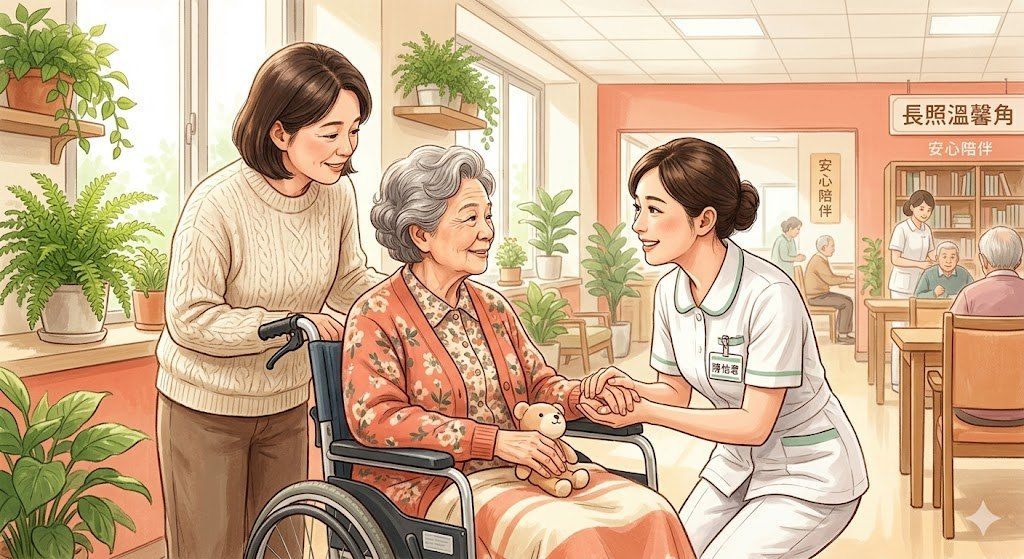 在陽光明媚、溫暖舒適的養老院大廳裡,護士和護理員面帶微笑地與一位坐在輪椅上的老婦人交談。