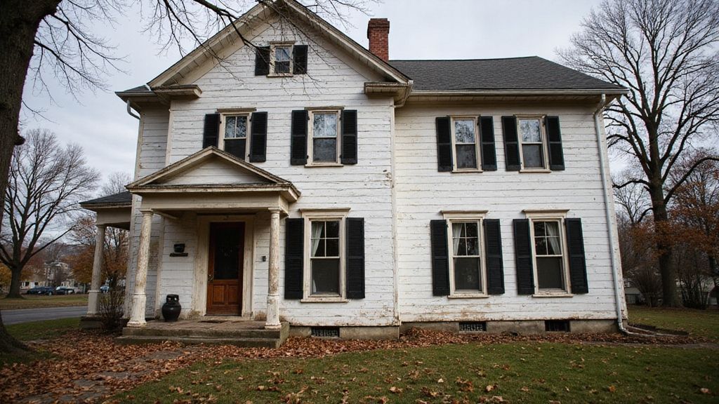 an older two story house in need of a paint job and gardening