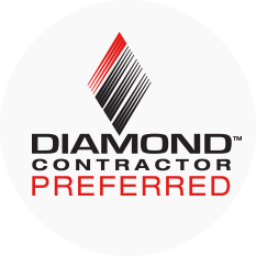 The logo for ductless pro is gray and red with a diamond in the middle.