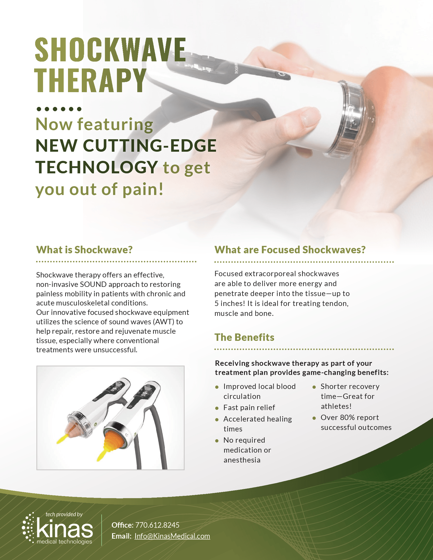 Shockwave therapy advertisement: hand using a device, text about pain relief.