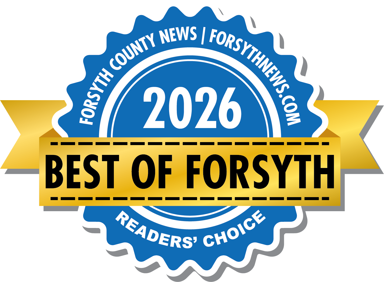 Best of Forsyth 2026 award badge with blue, gold, and white colors. Text includes 