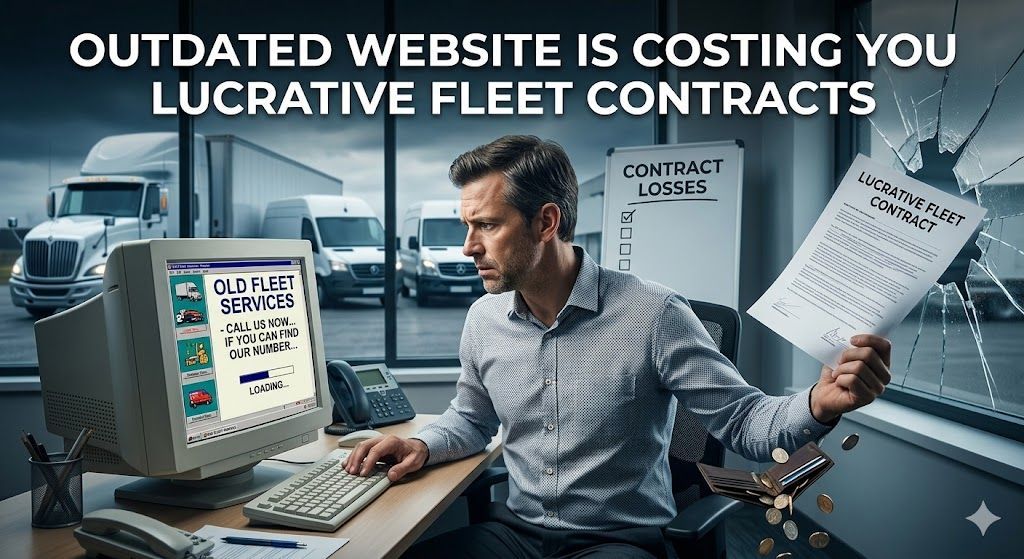 Man at cluttered desk with old computer, frustrated by papers; text says outdated website is costing fleet contracts