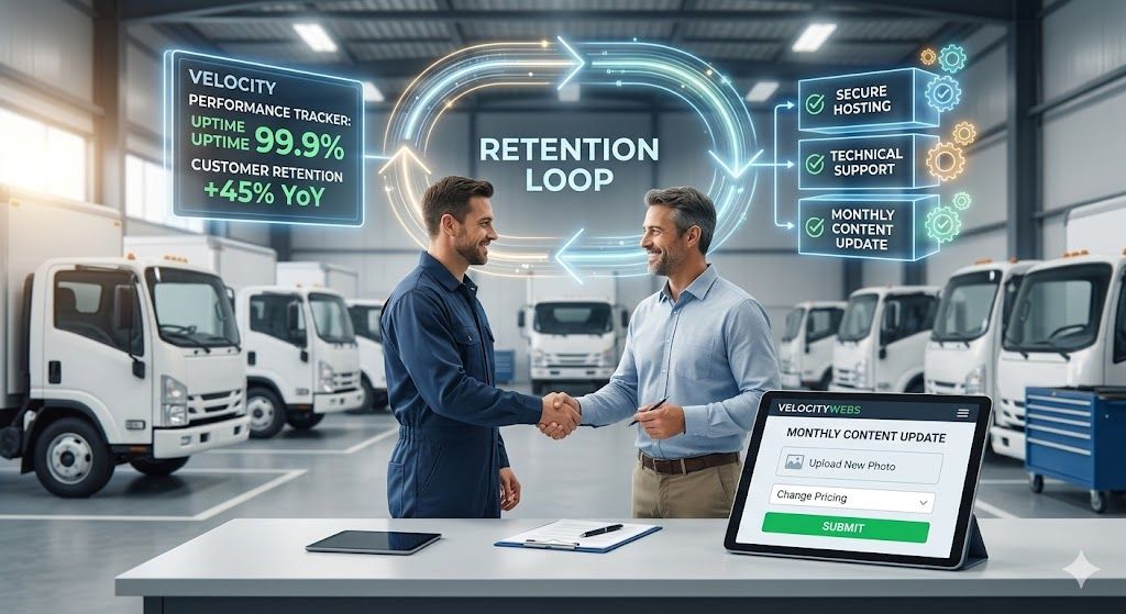 Two men shake hands in a warehouse with delivery trucks, “Retention Loop” dashboard and laptop display.
